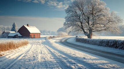 Countryside road leading to a cottage covered in snow on a sunny winter day