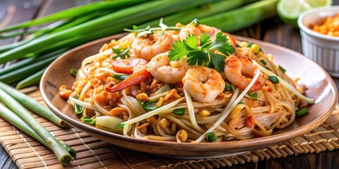 Delicious Pad Thai noodles topped with shrimp, peanuts, bean sprouts