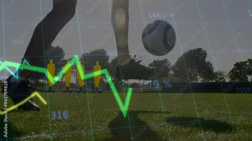 Poster graph with fluctuating data animation over soccer player practicing on field