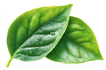 Obraz premium Two green leaves with dew drops isolated on white background.