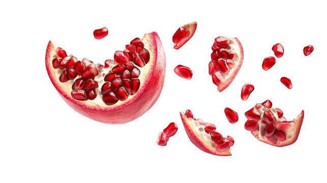 Fresh pomegranate seeds and segments falling transparent background