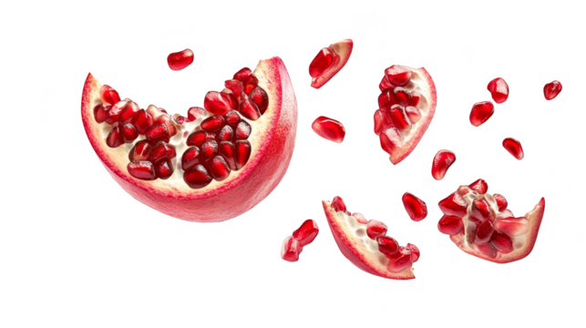 Fresh pomegranate seeds and segments falling transparent background