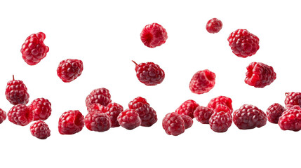 Fresh red raspberries falling transparent background