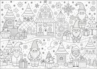 Whimsical Christmas Village with Elves for Coloring Books and Craft Projects