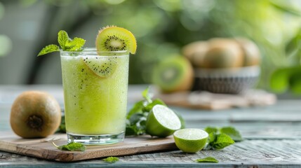 Fototapeta premium A refreshing cocktail of kiwi juice and sparkling water with a twist of lime, perfect for a summer day.