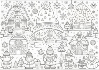 Obraz premium Whimsical Christmas Village with Elves for Coloring Books and Craft Projects