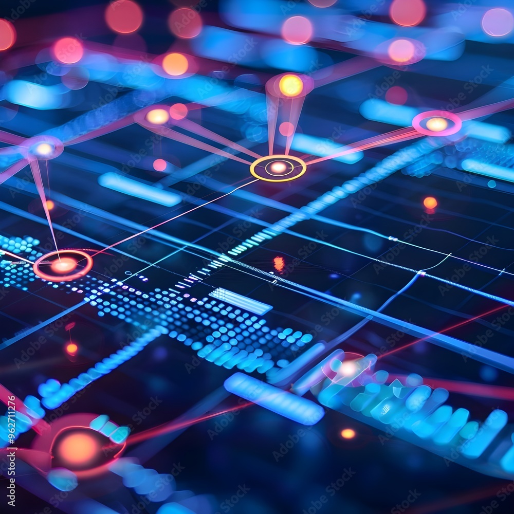 Poster a digital data grid with interconnected glowing points highlighting a futuristic high-tech communica