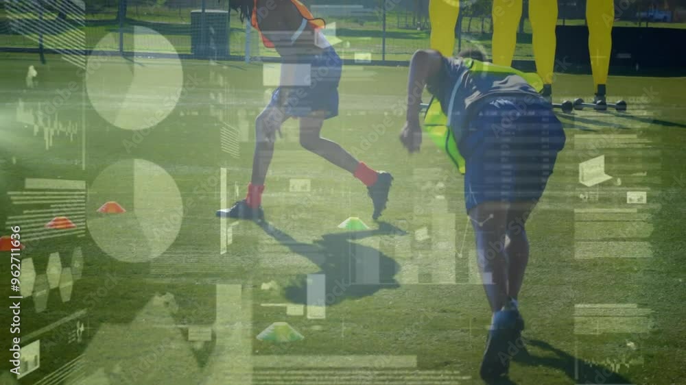 Poster training on field, athletes with performance data animation overlaid
