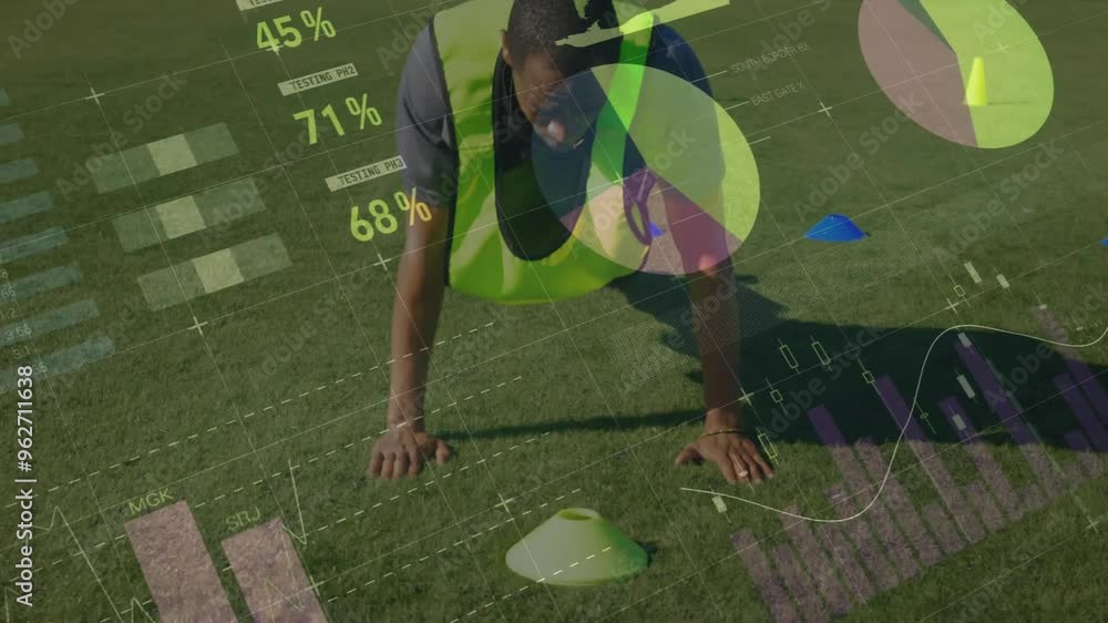 Poster athlete training on field with performance data analysis animation over video