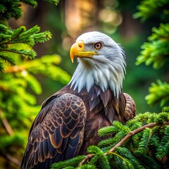 Obraz premium a bald eagle is sitting in a tree with a tree in the background.