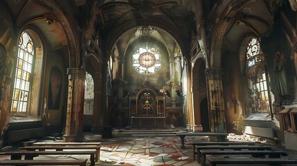 A dilapidated church interior with stained glass, scattered debris, and a sense of abandonment.