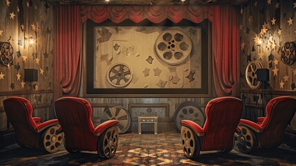 Fototapeta premium Vintage Movie Theater Interior with Red Seats and Film Reels