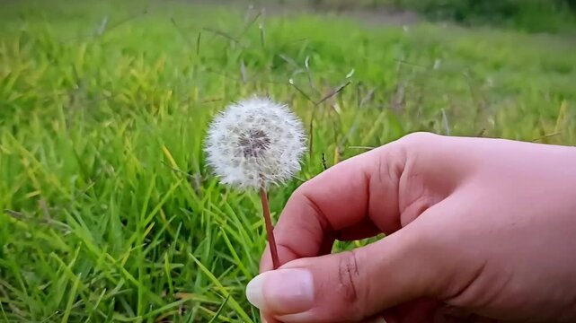 Mano arrancando un diente de le&oacute;n del pasto