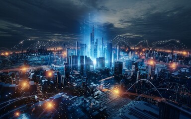 A 3D render of a futuristic cityscape at night. The city is lit up with blue and orange lights, creating a glowing effect. The buildings are
