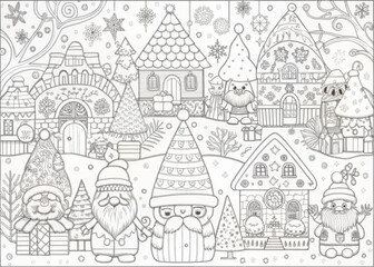 Whimsical Christmas Village with Elves for Coloring Books and Craft Projects
