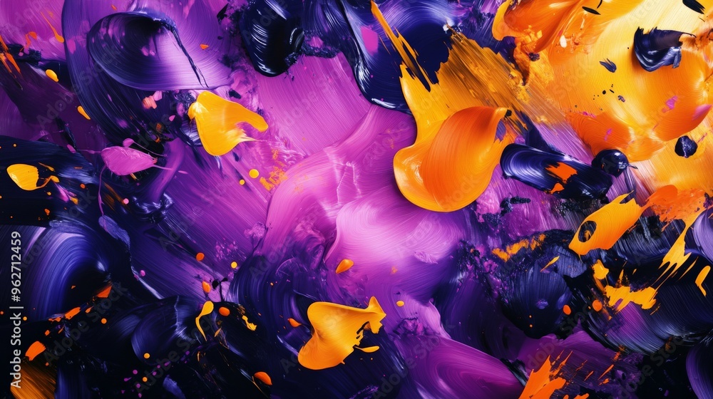 Aufkleber vivid abstract painting with vibrant purple and orange splashes, creating a dynamic and energetic vi