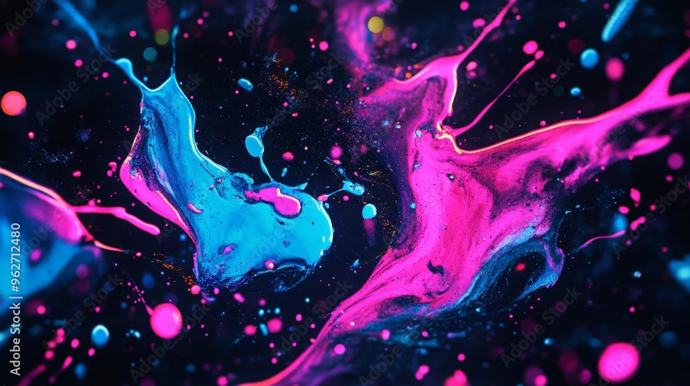 Poster vivid abstract painting with vibrant splashes of blue and pink paint against a dark background, crea
