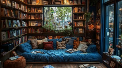 Cozy Reading Nook with Bookshelves and Window View