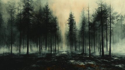 Fototapeta premium A misty forest path, shrouded in an eerie glow.