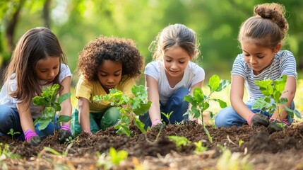 Children Planting Trees Together in a Garden