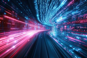 Abstract digital technology background. Innovation high-tech future network connection speed movement AI metaverse communication big data data transfer Network cyber light trails