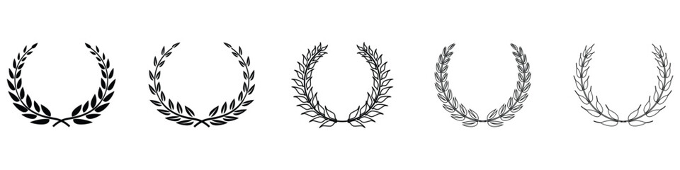 Laurel wreath set . Floral wreath collection. Black laurel wreath element for winner, award, champion design. © aziz
