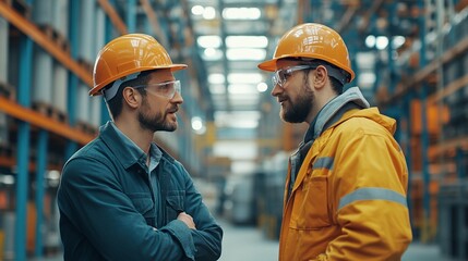 casual conversation between businessman and engineer at an industrial factory site discussing business agreements and managing joyful business deals