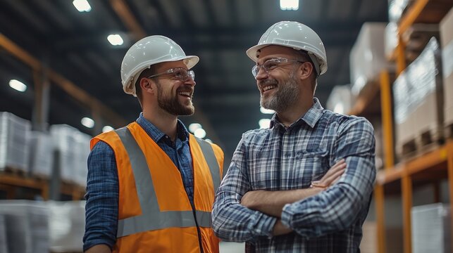 site factory meeting with a businessman and engineer casually talking and discussing business management while visiting an industrial warehouse