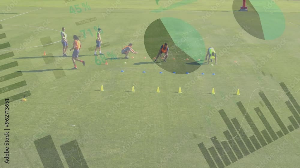 Aufkleber athletes training on field with performance metrics animation over green background
