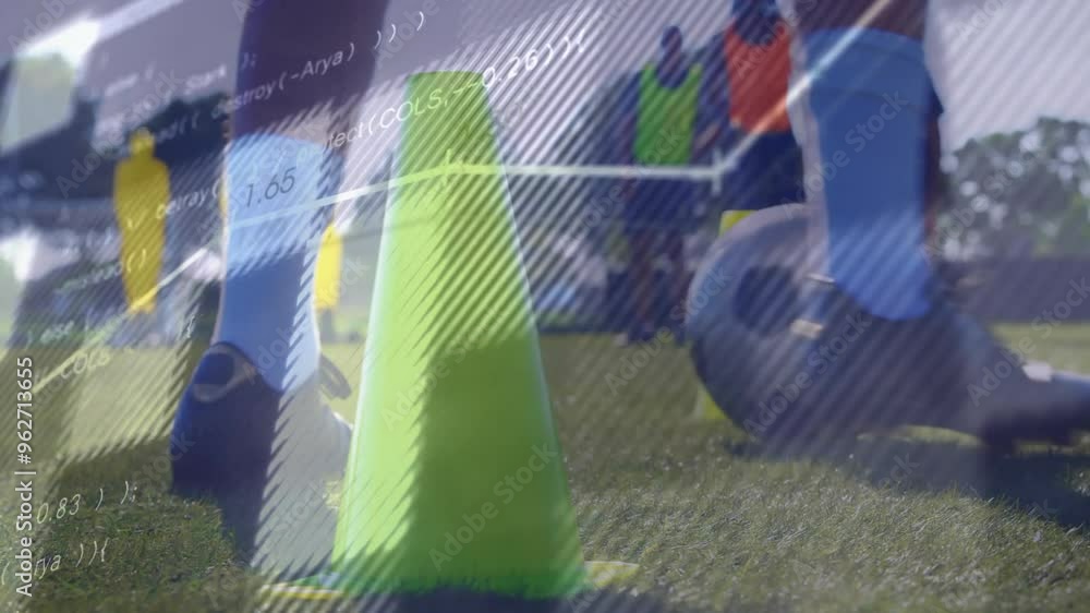 Poster programming code animation over soccer training with yellow cones on grass field