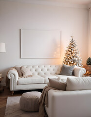 mockup blank frame white, Cozy white living room, white sofa, white walls, Christmas decor, Christmas tree in the room, wooden floor