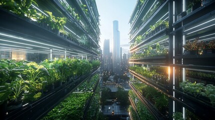 Urban Farming Skyscraper with Green Walls and Plants