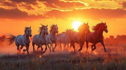 Obraz premium Horses Running at Sunset Golden Hour Freedom Gallop