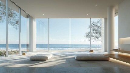 Modern Minimalist Beach House Interior with Ocean View and Natural Light
