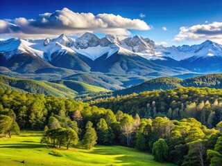 Majestic snow-capped peaks stretch towards a clear blue sky, surrounded by lush green forests and rolling hills in the Snowy Mountains of New South Wales.