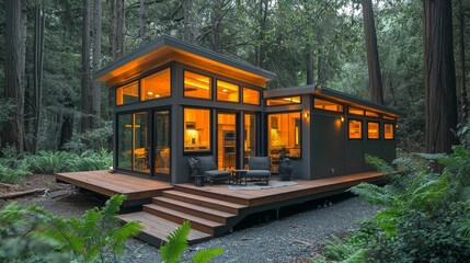 Modern Cabin in the Woods with Warm Lighting