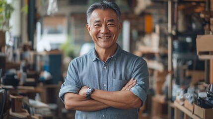Fototapeta premium happy and smart casual asian business owner in a portrait shot, standing in a store, shop, or warehouse space, reflecting successful small business management with a joyful demeanor