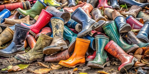 Rubber boots left on the ground in a messy pile , abandoned, discarded, footwear, worn, rubber, boots, shoes, muddy, ground