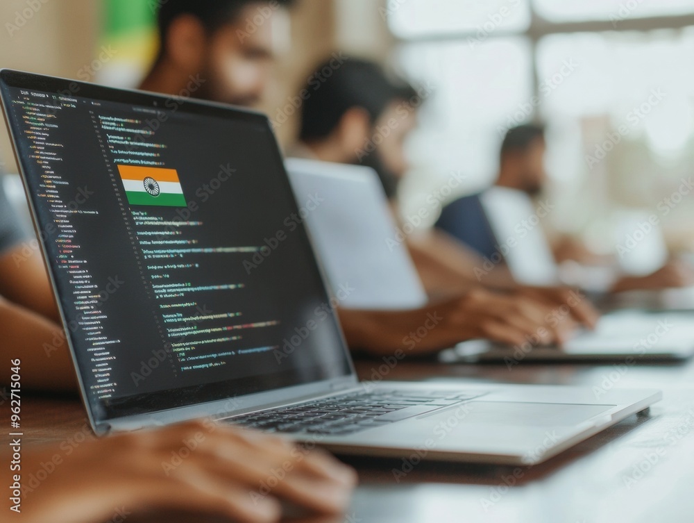 Aufkleber Diverse Tech Team Collaborating in Modern Office with Indian Flag and Laptop Coding Screen, Showcasing Innovation and Inclusion