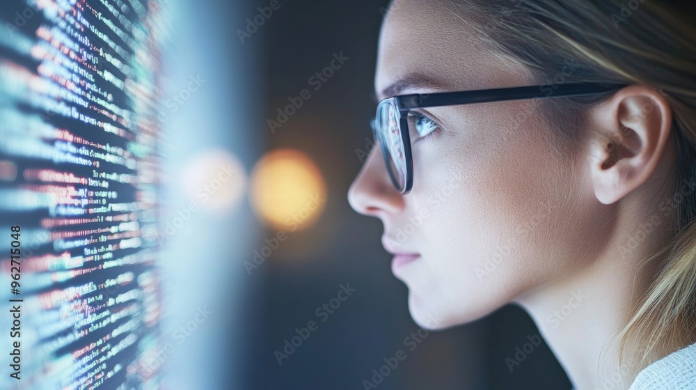 Poster focused young professional analyzing cybersecurity code on laptop in modern office setting