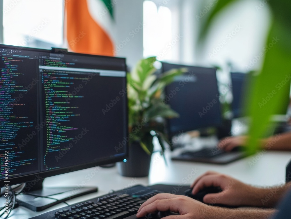 Poster diverse tech team collaborating in modern office with indian flag background