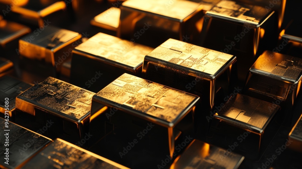 Poster close-up view of neatly stacked gold bars with textured surfaces, reflecting warm light. the image s