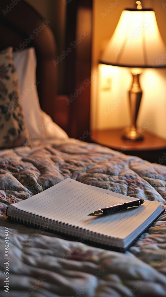 Poster An open notebook with a pen on a bed with a lamp in the background.