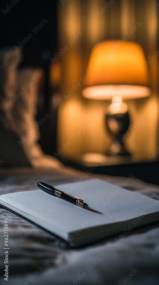 Poster open notebook with a pen on a bed under a table lamp.