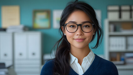 A portrait of a young professional woman with long black hair and glasses, exuding confidence and intelligence.