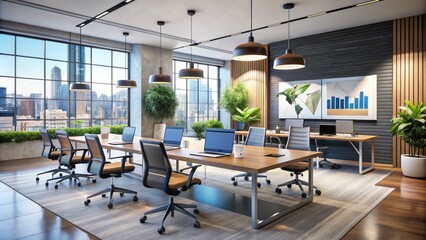 Modern office interior with sleek furniture, laptops, and charts on walls, conveying innovation, growth, and strategic planning in a collaborative business environment.