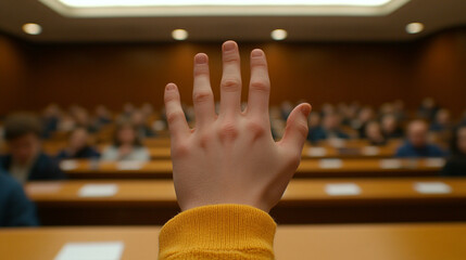 student raises their hand in a classroom, the focus on the hand while the background remains blurred. The image symbolizes curiosity, engagement, participation, and the pursuit of knowledge
