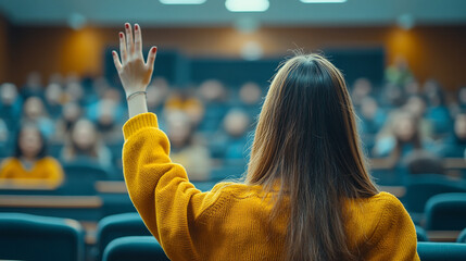 student raises their hand in a classroom, the focus on the hand while the background remains blurred. The image symbolizes curiosity, engagement, participation, and the pursuit of knowledge
