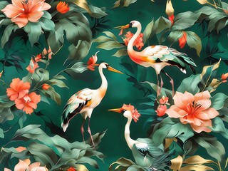 Lush, oversized floral pattern with cranes and tropical blooms, highlighted by sweeping paint strokes in emerald green, coral, and soft gold.