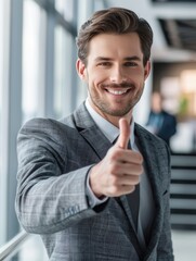 Confident smiling businessman showing thumb up gesture.